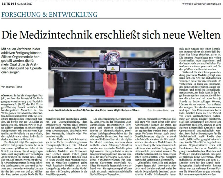 24.08.2017: Beitrag zum 3D-Druck in der Medizintechnik in der Wirtschaftszeitung